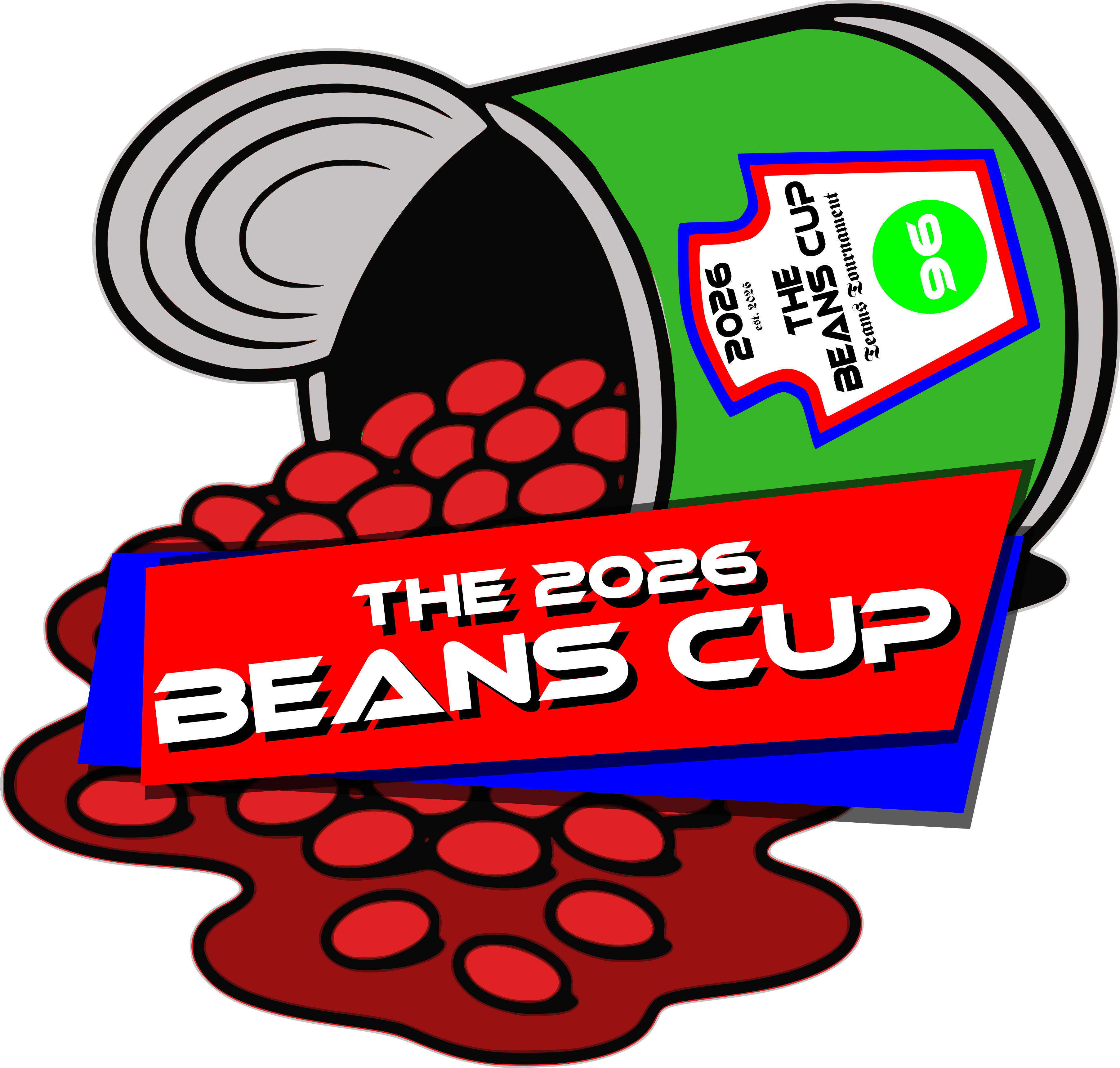 The Logo for the Beans Cup - A can of beans spilled on it's side, with the words 'Beans Cup 2025' in front of it